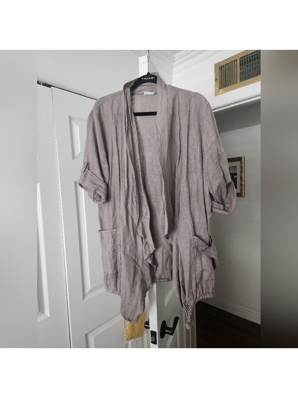 NWOT Women's Open Front Water Fall Linen Taupe Jacket